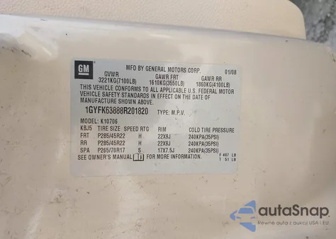 2008 Cadillac Escalade Luxury z USA, uszkodzony, nr VIN 1GYFK63888R201820